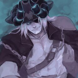 1boy abs afk_(series) afk_arena bara beard black_coat chain clenched_teeth coat commentary_request eyepatch facial_hair fangs glowing glowing_eyes grey_hair hat highres hodgkin_(afk) looking_at_viewer lucyafk male_focus muscular muscular_male one_eye_covered pale_skin pectorals pirate_hat strap teeth