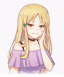 1girl blonde_hair blush brown_eyes choker collarbone commentary cropped_torso female_focus hand_on_own_cheek hand_on_own_face hidaka_koharu high_score_girl lenko long_hair looking_at_viewer off-shoulder_shirt off_shoulder parted_lips purple_shirt shirt simple_background smile solo upper_body white_background