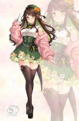 1girl absurdres beret black_shoes black_thighhighs blush breasts brown_hair buttons closed_mouth colored_inner_hair double-breasted dress floral_print frilled_sleeves frills full_body green_dress green_eyes green_hair hat highres jacket layered_dress long_hair looking_at_viewer medium_breasts multicolored_hair nyamaso off_shoulder open_clothes open_jacket original pinafore_dress pink_jacket shoes simple_background sleeveless sleeveless_dress smile standing thighhighs thighs white_background zettai_ryouiki zoom_layer