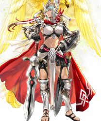 1girl abs arm_shield bird dagr_(fire_emblem) dagr_(sunny_bloom)_(fire_emblem) feet fire_emblem fire_emblem_heroes glowing glowing_animal grey_hair highres holding holding_sword holding_weapon muscular muscular_female nintendo non-web_source official_alternate_costume official_art pelvic_curtain sandals shield solo sword toes weapon