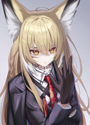 1girl adjusting_clothes adjusting_gloves animal_ear_fluff animal_ears arknights black_coat black_gloves black_jacket blonde_hair closed_mouth coat coat_on_shoulders commentary_request fuka_kurotsuji gloves grey_background highres jacket long_hair long_sleeves neck_tattoo necktie red_necktie simple_background solo tattoo upper_body vulpisfoglia_(arknights) yellow_eyes