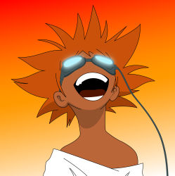 1990s_(style) 1girl cowboy_bebop dark_skin edward_wong_hau_pepelu_tivrusky_iv goggles highres lordsakdoss open_mouth red_hair shirt shirt_slip white_shirt