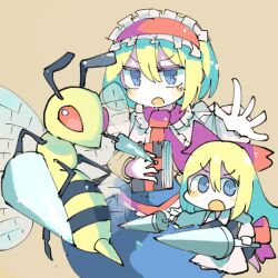 2girls alice_margatroid antennae baron_(x5qgeh) bee beedrill blonde_hair blue_dress blue_eyes bow bug capelet creatures_(company) doll dress frilled_hairband frills game_freak gen_1_pokemon hairband insect long_hair lowres multiple_girls nintendo pokemon pokemon_(creature) power_connection red_eyes red_hairband shanghai_doll short_hair touhou weapon wings