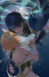 1boy 1girl absurdres amano_hotaru_(hotaama) anemo_symbol_(genshin_impact) aqua_gemstone aqua_halo aqua_sleeves arm_cutout armor black_bodysuit black_bridal_gauntlets black_corset black_gloves black_hair black_shorts blonde_hair blue_cape blue_eyes blue_flower blue_pupils blue_trim blunt_ends blush bodysuit bridal_gauntlets cape choppy_bangs corset cross-laced_clothes cross-laced_corset detached_sleeves dress eye_contact eyelashes eyeliner eyeshadow feathers fingernails flower furisode gem genshin_impact gloves glowing glowing_eyes glowing_gem glowing_markings gold gold_trim hair_flower hair_ornament halo halo_behind_head hetero highres holding_hands interlocked_fingers japanese_armor japanese_clothes kimono kote kurokote layered_sleeves looking_at_another looking_down looking_up lumine_(genshin_impact) magic_circle makeup median_furrow multicolored_flower open_clothes open_kimono open_mouth parted_lips partially_fingerless_gloves red_eyeliner red_eyeshadow scaramouche_(genshin_impact) scarf short_hair short_hair_with_long_locks short_sleeves shorts shoulder_blades sidelocks smile tassel tsurime twitter_username upside-down vambraces wanderer_(genshin_impact) watermark white_dress white_flower white_kimono white_mouth white_scarf white_sleeves white_trim yellow_eyes yellow_feathers
