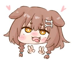 1girl :3 :d ahegao animal_ear_fluff animal_ears blush blush_stickers bone_hair_ornament braid bright_pupils brown_hair chibi commentary_request double_v fangs hair_between_eyes hair_ornament hairclip half-closed_eyes head heart heart-shaped_pupils hololive inugami_korone long_hair looking_at_viewer nekoyama nose_blush open_mouth simple_background smile solo symbol-shaped_pupils twin_braids v virtual_youtuber white_background white_pupils yellow_eyes