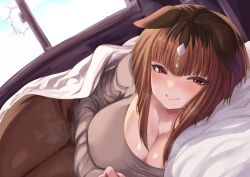 Rule 34 | 1girl, :&gt;, absurdres, animal ears, blanket, blue sky, blunt bangs, blush, breaking and entering, breasts, broken window, brown hair, brown pants, cleavage, closed mouth, cloud, cowboy shot, ears down, grey shirt, highres, hisagi (hisagi00), horse ears, horse girl, large breasts, looking at viewer, lying, morning, multicolored hair, on bed, on side, pants, pillow, pov across bed, red eyes, roots (hair), shirt, short hair, sky, smile, solo, transcend (umamusume), umamusume, under covers, window
