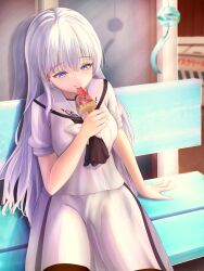 Rule 34 | 1girl, :t, absurdres, arm at side, ascot, black ascot, blue eyes, blush, bright pupils, closed mouth, commentary, cowboy shot, eating, eyelashes, food, hair behind ear, hair between eyes, hand up, happy, highres, holding, holding food, holding popsicle, long hair, looking at food, looking down, naruse shiroha, on bench, outdoors, pantyhose, popsicle, reflection, sailor collar, school uniform, serafuku, shirt, short sleeves, sitting, skirt, smile, solo, straight hair, summer pockets, summer pockets school uniform, sunset, tsurime, user ghvk5433, very long hair, watermelon bar, white hair, white pupils, white sailor collar, white serafuku, white shirt, white skirt