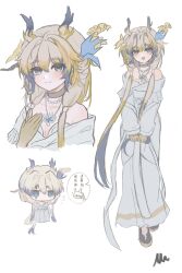 1girl :d ambience_synesthesia arknights bare_shoulders black_choker blonde_hair blue_eyes blue_hair chibi choker closed_mouth collarbone commentary dragon_girl dragon_horns dress flying_sweatdrops grey_dress grey_hair hair_between_eyes hair_intakes hair_ornament hand_on_own_chest highres horns jewelry light_blush long_dress long_hair long_sleeves looking_at_viewer mnn_(xinjinjumin035149496925) multicolored_hair multiple_views necklace off_shoulder official_alternate_costume open_mouth pearl_necklace shu_(arknights) shu_(bingwenyuyou)_(arknights) simple_background smile speech_bubble symbol-only_commentary translation_request v_arms very_long_hair white_background