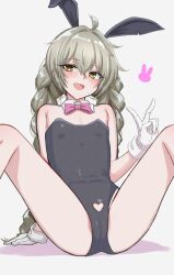 1girl ahoge animal_ears blush bow bowtie braid cameltoe clothing_cutout detached_collar eyelashes fake_animal_ears flat_chest gloves green_hair hair_between_eyes hair_intakes heart_cutout highres leotard long_bangs long_hair m_legs mustee original pink_bow pink_bowtie playboy_bunny pussy pussy_peek rabbit_ears sidelocks sitting smile solo spread_legs strapless strapless_leotard v white_gloves yellow_eyes
