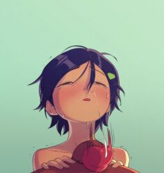 1boy 1girl after_fellatio amphibia black_hair closed_eyes cum cum_in_mouth cum_string dark-skinned_male dark_skin facing_viewer hetero highres interracial kassitta large_penis marcy_wu oral penis pov short_hair simple_background solo_focus tears uncensored