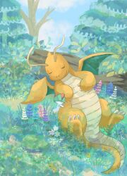Rule 34 | claws, closed eyes, closed mouth, colored skin, commentary, dragon, dragon wings, dragonite, gen 1 pokemon, gen 3 pokemon, green hair, highres, nintendo, no humans, on grass, orange skin, outdoors, pokemon, pokemon (creature), ralts, rock, sitting, sleeping, smile, symbol-only commentary, tail, tree, volpecorvo, white skin, wings