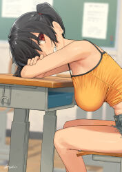 1girl armpits blurry blurry_background blush breasts camisole chair clenched_teeth commentary_request dated denim denim_shorts gaki_kyonyuu grey_shorts grin hanging_breasts highres kaedeko_(kaedelic) large_breasts looking_at_viewer midriff on_chair oppai_loli red_eyes sasaki_kanna shorts signature sitting smile solo table teeth tented_shirt thighs twintails yellow_camisole