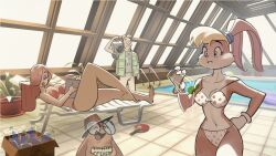 2girls bikini blonde_hair body_fur breasts brown_fur brown_hair character_request cowboy_shot crossover disney furry furry_female highres indoors jessica_rabbit large_breasts lola_bunny long_hair looney_tunes lotion medium_breasts multiple_girls navel philtomato red_bikini rei_no_pool sunscreen swimsuit white_bikini who_framed_roger_rabbit
