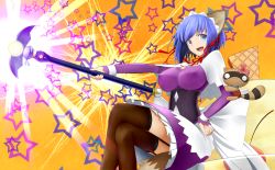 &gt;:d 00s 1girl :d animal_ears black_thighhighs blue_eyes blue_hair blush breasts capelet cat_ears covered_erect_nipples crossed_legs dress fang female_focus food garter_straps hair_ribbon hand_on_own_hip highres kokubunji_koyori large_breasts long_sleeves looking_at_viewer magical_girl maid_headdress matching_hair/eyes neck_ribbon ninnzinn nurse_witch_komugi-chan open_mouth over-kneehighs purple_dress raccoon red_ribbon ribbon smile solo staff star_(symbol) thighhighs underbust v-shaped_eyebrows wafer