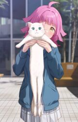 1girl ahoge animal birthday blue_eyes cat commentary commentary_request hanpen_(love_live!) highres holding holding_animal holding_cat jacket looking_at_viewer love_live! love_live!_nijigasaki_high_school_idol_club medium_hair pink_hair plant shamakho signature tennoji_rina upper_body yellow_eyes