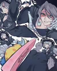 1boy 1girl absurdres andrich_galam black_dress black_hat breasts carrying cogita_(pokemon) dress grey_eyes grey_hair hat highres holding holding_knife jewelry knife looking_at_viewer nintendo pokemon pokemon_legends:_arceus princess_carry smile