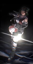 black_gloves black_neckerchief boots brown_eyes brown_hair buttons commentary_request dark double-breasted elbow_gloves forehead_protector gloves green_headband hair_intakes half_updo headband highres jintsuu_(kancolle) jintsuu_kai_ni_(kancolle) kantai_collection long_hair looking_at_viewer machinery neckerchief orange_shirt pleated_skirt saeri_(saeri440) sailor_collar sarashi school_uniform searchlight serafuku shirt skirt sleeveless sleeveless_shirt standing standing_on_liquid thighhighs torpedo_launcher v-shaped_eyebrows white_sailor_collar white_skirt white_thighhighs