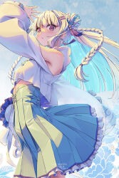 1girl blue_hair blue_skirt blush bra bra_peek braid braided_bun character_name clothing_cutout colored_inner_hair commentary_request dated earrings frilled_skirt frills hair_bun hair_ornament hairclip high-waist_skirt highres jewelry kuro-kun_(nablack) lize_helesta lize_helesta_(11th_costume) long_sleeves looking_at_viewer multicolored_hair nijisanji parted_lips pleated_skirt purple_eyes shirt shoulder_cutout skirt solo tassel tassel_earrings twin_braids underwear virtual_youtuber white_hair white_shirt
