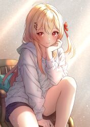 1girl alternate_costume black_shorts blonde_hair blush closed_mouth fortissimo hair_ornament head_rest highres hololive hololive_dev_is hood hoodie mikan_mizu musical_note musical_note_hair_ornament one_side_up otonose_kanade red_eyes red_ribbon ribbon shorts solo virtual_youtuber white_hoodie