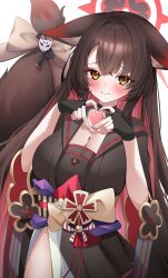 1girl absurdres animal_ear_fluff black_hair black_kimono black_sailor_collar blue_archive blush breasts cleavage closed_mouth colored_inner_hair crossed_bangs four-finger_heart_hands fox_girl fox_tail heart heart_hands highres japanese_clothes kimono kkhyun5016 large_breasts long_hair looking_at_viewer multicolored_hair obi purple_sash ribbon sailor_collar sash sidelocks smile solo tail tail_ornament tail_ribbon two-tone_hair very_long_hair wakamo_(blue_archive) yellow_eyes yellow_ribbon