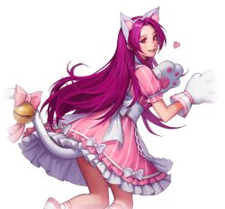 1girl animal_ears asamiya_athena bent_over bow cat cat_ears cat_girl cat_tail clothes_lift dress female_focus from_behind gloves heart kneeling looking_at_viewer looking_back pale_skin purple_eyes purple_hair skirt skirt_lift smile smiley_face snkallstars socks tail the_king_of_fighters thighs viuvasdokof