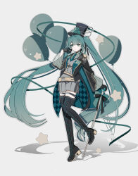 1girl absurdres aqua_bow aqua_eyes aqua_flower aqua_hair aqua_necktie balloon bg5120 black_boots black_bow black_coat black_gloves blunt_bangs boots bow cane checkered_clothes chinese_commentary coat commentary_request floating_hair flower full_body gloves grey_shorts hand_on_cane hat hatsune_miku high_heel_boots high_heels highres jewelry leg_up long_hair musical_note necktie shadow shorts side-tie_shorts solo star_(symbol) thigh_boots thighlet top_hat twintails two-tone_bow very_long_hair vocaloid white_background wide_sleeves