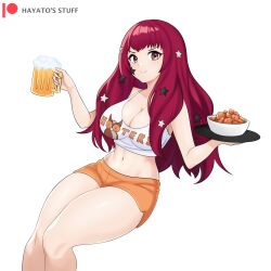 &gt;:) 1girl alcohol alternate_costume beer beer_mug breasts chicken_wing cleavage crop_top cup facial_mark fire_emblem fire_emblem_engage hair_ornament hayato_stuff highres holding holding_cup hooters large_breasts long_hair looking_at_viewer mug nintendo orange_shorts red_eyes red_hair short_shorts shorts smile solo star_(symbol) star_facial_mark star_hair_ornament v-shaped_eyebrows waitress yunaka_(fire_emblem)