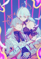 10waoka 1boy 1girl aqua_eyes bare_shoulders black_undershirt blue_choker blue_dress blue_hair cage choker coat dress elbow_gloves gloves halo head_wings highres honkai:_star_rail honkai_(series) long_hair long_sleeves off-shoulder_dress off_shoulder robin_(honkai:_star_rail) sidelocks sunday_(honkai:_star_rail) sunday_(sacerdos&#039;_relived_ordeal)_(honkai:_star_rail) upper_body very_long_hair white_coat wings