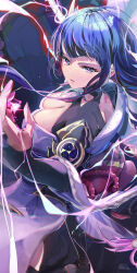 1girl absurdres armor artist_name back_tattoo breasts bridal_gauntlets cleavage commentary_request electricity genshin_impact highres hooriyuu japanese_clothes kimono large_breasts looking_to_the_side mitsudomoe_(shape) mole mole_under_eye obi parted_lips pauldrons purple_eyes purple_hair purple_kimono raiden_shogun sash shoulder_armor shrug_(clothing) single_pauldron solo tattoo tomoe_(symbol)