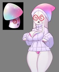 bra breasts hat humanization hypno-shroom_(plants_vs._zombies) large_breasts mushroom mushroom_girl mushroom_hat panties pink_bra pink_nails pink_panties plants_vs._zombies sqwunx sweater turtleneck turtleneck_sweater underwear wide_hips