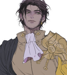 1boy armor ascot brown_hair cape claude_von_riegan claude_von_riegan_(timeskip) closed_mouth collared_shirt commentary_request dark-skinned_male dark_skin earrings facial_hair fire_emblem fire_emblem:_three_houses jewelry korean_commentary looking_to_the_side male_focus nintendo pauldrons piercing pinkteest popped_collar shirt shoulder_armor side_cape sideburns sideways_glance simple_background single_earring single_pauldron smile solo upper_body white_ascot white_background yellow_cape