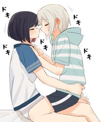 2girls absurdres aoba_moca bang_dream! black_hair black_shorts blue_hoodie blush closed_eyes commentary drawstring from_side hand_on_another&#039;s_shoulder hand_on_another&#039;s_waist highres hood hoodie imminent_kiss misawa_yuka mitake_ran multicolored_hair multiple_girls profile red_hair shirt short_hair short_sleeves shorts simple_background sitting sitting_on_lap sitting_on_person streaked_hair striped_clothes striped_hoodie sweatdrop symbol-only_commentary translation_request white_background white_hair white_shirt yuri