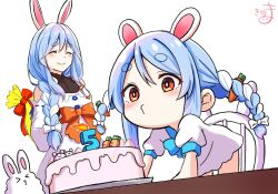 &gt;_&lt; 2girls ^_^ aged_down animal_ear_fluff animal_ears arm_support bent_over blowing_candle blue_hair blush bow braid cake carrot_hair_ornament chair closed_eyes closed_mouth collared_dress commentary_request don-chan_(usada_pekora) dress fire food food-themed_hair_ornament gift hair_between_eyes hair_bow hair_ornament highres hololive kiritoma mature_female mother_and_daughter multicolored_hair multiple_girls on_chair orange_bow pekomama puckered_lips puffy_short_sleeves puffy_sleeves rabbit-shaped_pupils rabbit_ears rabbit_girl red_eyes short_eyebrows short_sleeves signature simple_background smile symbol-shaped_pupils thick_eyebrows twin_braids twintails two-tone_hair usada_pekora virtual_youtuber white_background white_bow white_dress white_hair