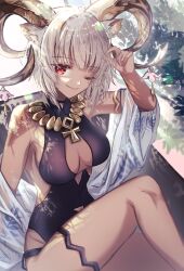 1girl ;) absurdres animal_ears ankh arknights arm_up black_one-piece_swimsuit breasts brown_horns carnelian_(arknights) clothing_cutout commentary_request curled_horns day eyes_visible_through_hair gold gold_necklace hand_in_own_hair highres horns jewelry lens_flare looking_at_viewer medium_breasts navel_cutout necklace official_alternate_costume one-piece_swimsuit one_eye_closed partial_commentary red_eyes rentogen_shasshin short_hair smile solo sunlight swimsuit white_hair