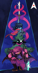 1boy 1girl 1other aizawa_sachi animal_ears arm_up armlet artist_name axe black_jacket blue_background blue_hair blue_skin bracelet cape colored_skin covered_eyes dated deltarune facing_viewer full_body gauntlets glint goat_ears green_hat green_robe grin hair_over_eyes hand_on_own_knee hat highres holding holding_axe holding_sword holding_weapon jacket jewelry kris_(deltarune) on_one_knee outstretched_arms pants pink_pants pink_skin purple_hair ralsei red_cape robe shaded_face sharp_teeth short_hair smile spiked_armlet spiked_bracelet spikes spotlight susie_(deltarune) sword teeth weapon