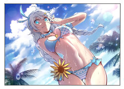 1girl bikini blue_eyes blue_sky border braid chinese_commentary cloud commentary_request fei_luo_mao flower grin highres honkai_(series) honkai_impact_3rd jewelry kiana_kaslana kiana_kaslana_(sunny_beach) light_particles long_hair looking_at_viewer midriff navel necklace outdoors sky smile solo stomach sun sunflower swimsuit twin_braids twintails v v_over_eye very_long_hair water_drop wet white_border white_hair