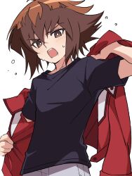 1boy black_shirt blush bright_pupils brown_eyes brown_hair cowboy_shot highres jacket looking_at_viewer male_focus niyane open_clothes open_jacket open_mouth red_jacket shirt short_hair short_sleeves simple_background solo sweat teeth v-shaped_eyebrows white_background white_pupils yu-gi-oh! yu-gi-oh!_gx yuki_judai