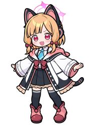 1girl :3 :d animal_ear_headphones animal_ears aqua_necktie black_outline black_skirt black_tail black_thighhighs blonde_hair blue_archive blunt_bangs blush boots bow buttons cat_ear_headphones cat_ears cat_tail chibi collared_shirt commentary dot_nose fake_animal_ears fake_tail frilled_jacket frilled_skirt frills full_body hair_bow halo headphones highres hood hood_down hooded_jacket jacket long_sleeves looking_at_viewer low-tied_sidelocks medium_hair momoi_(blue_archive) multicolored_jacket necktie off_shoulder open_clothes open_hands open_jacket open_mouth outline outstretched_arms pigeon-toed pink_boots pink_eyes pink_jacket pleated_skirt purple_halo red_bow round_collar school_uniform shirt shirt_tucked_in shishiejo_(sisieho1) sidelocks simple_background skirt smile solo standing suspender_skirt suspenders tail thighhighs thighhighs_under_boots two-sided_fabric two-sided_jacket unbuttoned_jacket v-shaped_eyebrows white_background white_jacket white_shirt wide_sleeves zettai_ryouiki