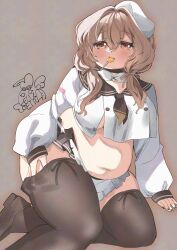 1girl apron belly beret black_nails black_thighhighs blush bready_(nikke) breasts brown_eyes brown_hair candy choker crop_top food goddess_of_victory:_nikke grey_background hair_over_shoulder hair_ribbon hand_in_thighhighs hand_on_own_thigh hat helvetica_(yukio_takano) large_breasts lollipop lollipop_in_mouth long_hair low_twintails midriff muffin_top navel plump ribbon sailor_collar shirt shoes signature sitting skirt solo thighhighs twintails white_hat white_shirt