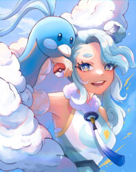 1girl 1other absurdres altaria aqua_eyes aqua_hair bird blue_bird breasts chia_cihain detached_sleeves double_bun flying_miku_(project_voltage) gen_3_pokemon hair_bun hatsune_miku highres holding holding_poke_ball long_hair looking_at_viewer medium_breasts nintendo official_alternate_costume official_alternate_hairstyle open_mouth poke_ball pokemon pokemon_(creature) project_voltage see-through_clothes see-through_sleeves shirt sleeveless sleeveless_shirt smile teeth upper_body vocaloid