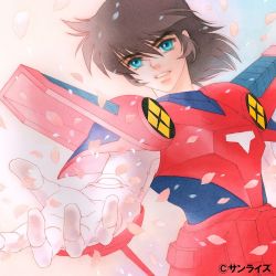 Rule 34 | 1boy, aqua eyes, armor, black hair, cherry blossoms, lips, long hair, male focus, medium hair, mizuki ken, outstretched hand, parted lips, petals, ronin warriors, sanada ryou, sidelocks, solo, upper body, yoroiden samurai troopers