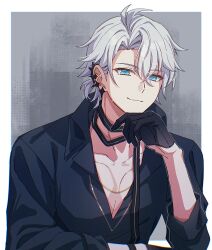 1boy antenna_hair black_choker black_gloves black_shirt border choker collared_shirt earclip gloves half_gloves hashtag-only_commentary highres looking_at_viewer male_focus outside_border parted_bangs pectoral_cleavage pectorals phainon_(fashion)_(honkai:_star_rail) phainon_(honkai:_star_rail) pochimaru_(marumaru_wanwan) shirt short_hair sleeves_rolled_up solo upper_body white_border white_hair
