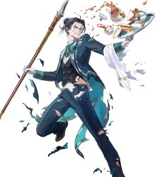 Rule 34 | 1boy, black hair, butler, clenched teeth, damaged, felix hugo fraldarius, felix hugo fraldarius (tea party), fire emblem, fire emblem: three houses, fire emblem heroes, green eyes, hair bun, highres, holding, holding polearm, holding weapon, nintendo, non-web source, official alternate costume, official art, polearm, solo, teeth, torn clothes, weapon