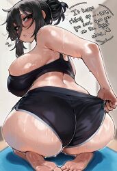 Rule 34 | 1girl, absurdres, adjusting clothes, adjusting shorts, ass, ass focus, barefoot, black eyes, black hair, black nails, black shorts, black sports bra, breasts, dolphin shorts, feet, from behind, from below, full body, glasses, hair between eyes, hair bun, highres, huge ass, huge breasts, indoors, kneeling, looking at viewer, looking back, median furrow, micro shorts, original, outline, parted lips, raised inner eyebrows, renata11033, seiza, shorts, sideboob, single hair bun, sitting, skindentation, soles, solo, speech bubble, sports bra, sportswear, sweat, unkempt, white outline, yoga mat