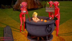 2boys 2girls blonde_hair bokoblin carrot cooking cooking_pot crying fanbox_username food goblin il00 imminent_death imminent_vore knife loincloth monster multiple_boys multiple_girls nintendo outdoors patreon_username pig_nose pointy_ears princess princess_zelda sad short_hair soup stirring sweat the_legend_of_zelda the_legend_of_zelda:_tears_of_the_kingdom vegetable