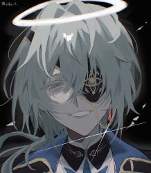 Rule 34 | 1boy, anaxa (honkai: star rail), aqua hair, black background, chain, close-up, collared coat, colored eyelashes, commentary, crystal earrings, cyn ouo, earrings, glint, gold chain, hair between eyes, hair intakes, highres, honkai: star rail, honkai (series), jewelry, long hair, low ponytail, male focus, ponytail, raised inner eyebrows, side ponytail, single earring, smile, solo, white undershirt