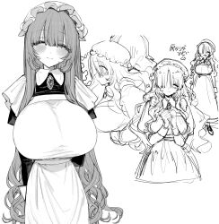 1girl 1other ^_^ apron arms_behind_back breasts brooch closed_eyes closed_mouth collared_dress commentary_request curly_hair dress eurasia_(wtp09ptw14) facing_viewer flipped_sidelocks francoise_(eurasia) frilled_apron frilled_headwear frills greyscale hair_over_one_eye hands_up hat highres huge_breasts jewelry juliet_sleeves long_hair long_sleeves maid maid_apron mob_cap monochrome multiple_views original puffy_sleeves sketch smile standing very_long_hair