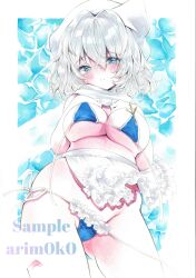 1girl absurdres apron arim0k0 artist_name bikini blue_bikini blue_eyes blush breasts cleavage closed_mouth commentary grey_hair groin hat highres large_breasts letty_whiterock looking_at_viewer maid_apron sample_watermark scarf short_hair solo swimsuit touhou traditional_media watermark white_apron white_hat white_scarf