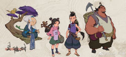 1girl 3boys basket beard belt bird black_hair black_pants black_shoes blue_hanfu blue_pants blue_socks blue_tabard bonsai brown_background brown_belt brown_eyes brown_sandals carrying_over_shoulder child chinese_clothes chinese_commentary chinese_text closed_eyes closed_mouth colored_skin commentary_request double_bun earrings eyelashes facial_hair full_body gourd green_shorts hair_bun hair_rings hand_on_own_hip hanfu highres holding holding_pickaxe instrument_on_back instrument_request jewelry long_hair looper_dd low-tied_long_hair multiple_boys muscular muscular_male old old_man original pants pickaxe pink_shirt purple_vest red_skin reference_sheet sandals scabbard sheath shirt shoes shorts single_bare_shoulder single_sleeve sitting smile socks stirrup_legwear tabard thick_eyebrows toeless_legwear topknot translation_request turtleneck turtleneck_shirt very_long_hair vest watermark weibo_watermark white_hair white_vest wrinkled_skin