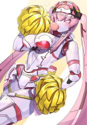 1girl breasts cheerleader cleavage colored_skin cowboy_shot hakidashi_11 long_hair medium_breasts phantasy_star phantasy_star_online_2 pink_eyes pink_hair pom_pom_(cheerleading) robot_girl simple_background solo twintails white_background white_skin yellow_background